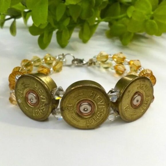 Vtg Handmade Shotgun Shell Bracelet - Crystal & Amber Beads - Western Rustic - Picture 3 of 13